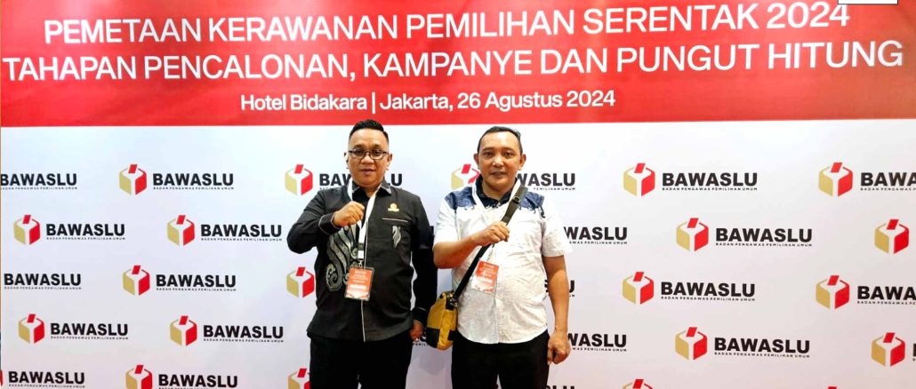 Ketua dan Anggota Bawaslu Kota Gorontalo Sukrin Saleh Taib dan Erman Katili hadiri Launching Pemetaan Kerawanan Pemilihan Serentak 2024 yang mencakup tahapan pencalonan, kampanye, dan pungut hitung. Acara yang berlangsung di Hotel Bidakara, Jakarta, pada Senin (26/08/2024)