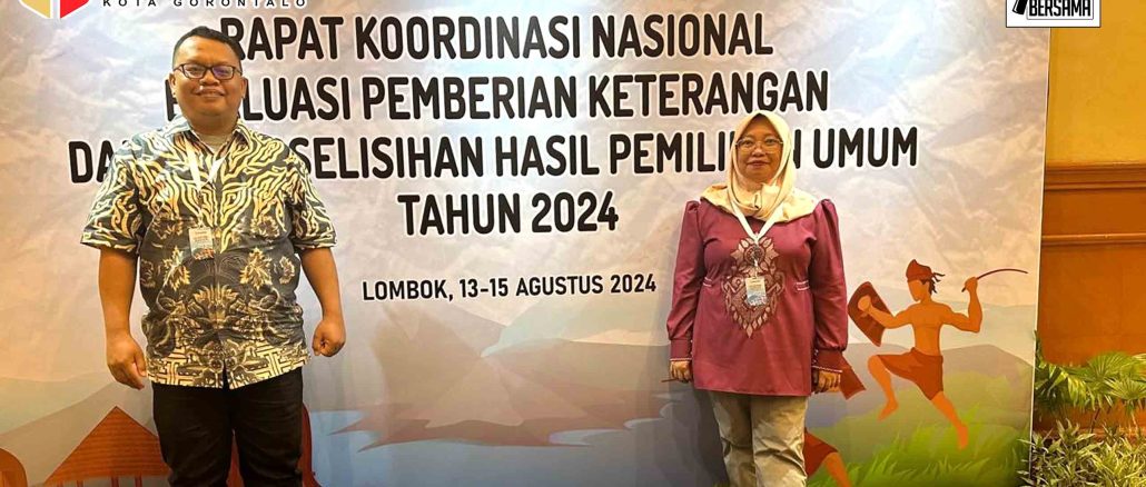 iAnggota Bawaslu Kota Gorontalo koordinator divisi Hukum, Pencegahan Partisipasi Masyarakat dan Hubungan  Masyarakat Herlina Antu didampingi staf pelaksana Zamaludin Akase hadiri rapat koordinasi Nasional Evaluasi pemberian keterangan dalam Perselisihan Hasil Pemilihan Umum (PHPU) Tahun 2024 bertempat di Lombok (13/8/2024).