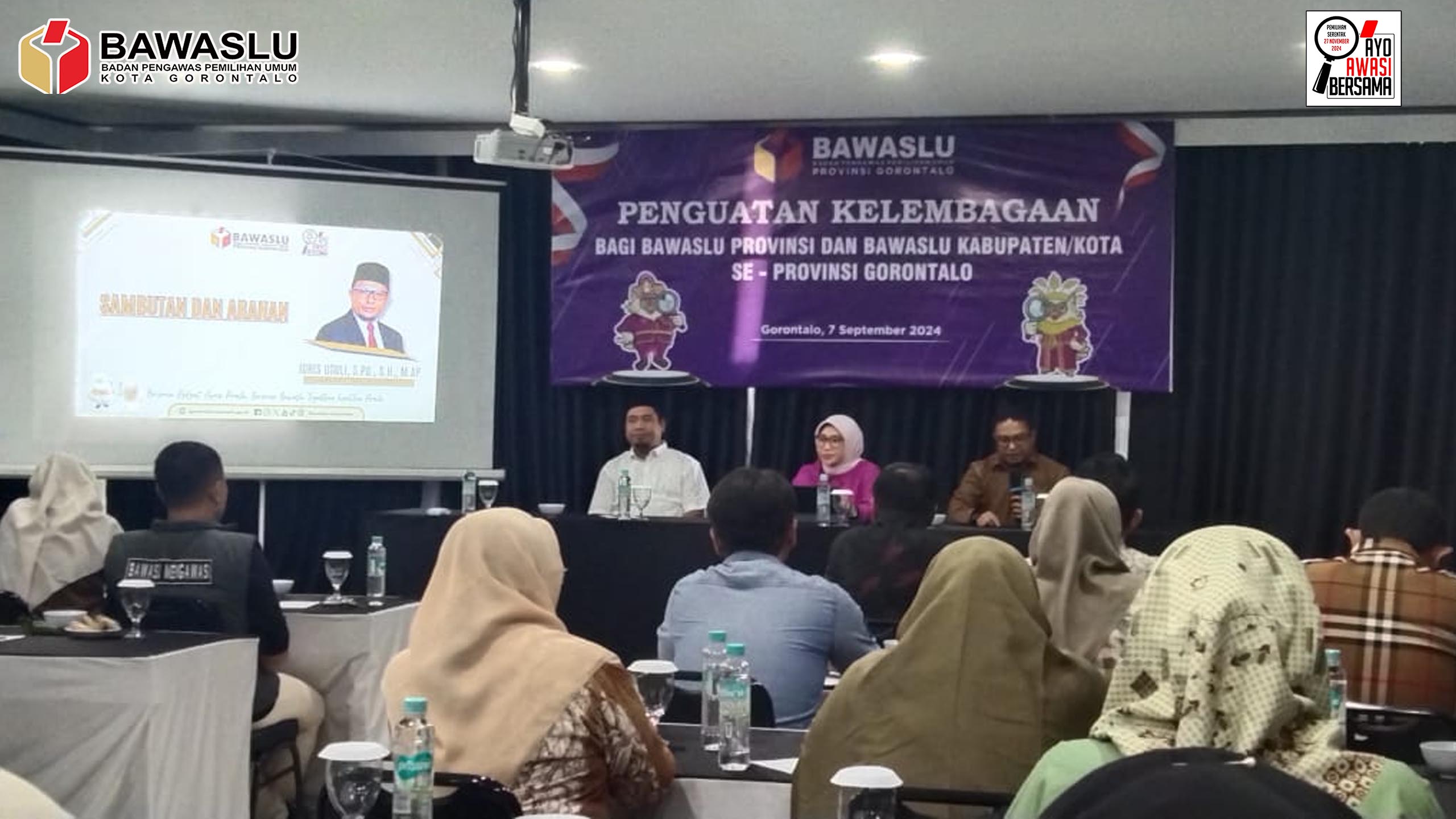 Anggota Bawaslu Kota Gorontalo Herlina Antu dan Erman Katili hadiri kegiatan penguatan kelembagaan bagi Bawaslu Provinsi dan Bawaslu Kabupaten/Kota se-Provinsi Gorontalo bertempat di R.M Oceana Kota Gorontalo pada Sabtu 7/9/2024).
