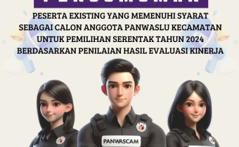 PENGUMUMAN PESERTA EXISTING YANG MEMENUHI SYARAT SEBAGAI CALON ANGGOTA PANWASLU KECAMATAN UNTUK PEMILIHAN SERENTAK TAHUN 2024 BERDASARKAN PENILAIAN HASIL EVALUASI KINERJA